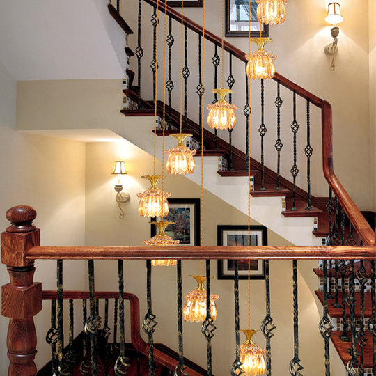 Modernist 8-Head Prismatic Glass Pendant Chandelier in Brass - Tan Globe/Cylinder Design