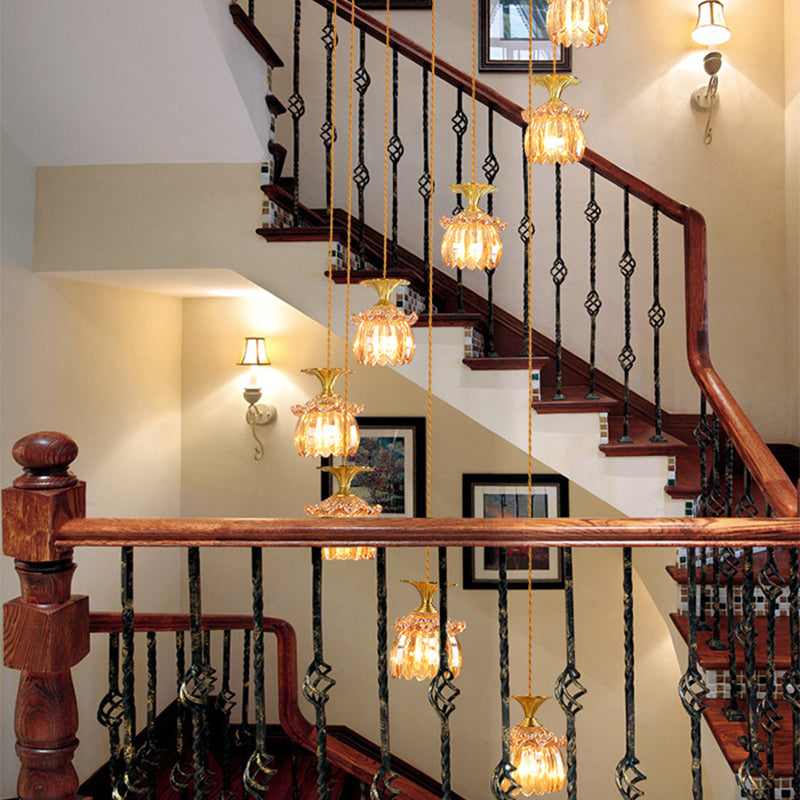 Modernist 8-Head Prismatic Glass Pendant Chandelier in Brass - Tan Globe/Cylinder Design