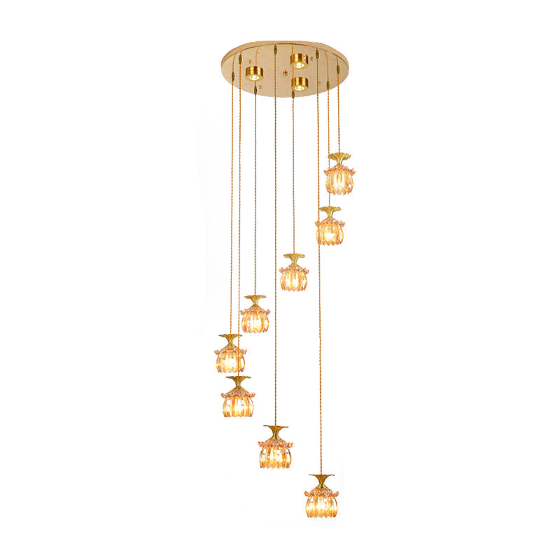 Modernist 8-Head Prismatic Glass Pendant Chandelier in Brass - Tan Globe/Cylinder Design