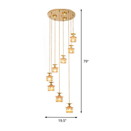 Modernist 8-Head Pendant Lamp: Tan Prismatic Glass Chandelier In Brass
