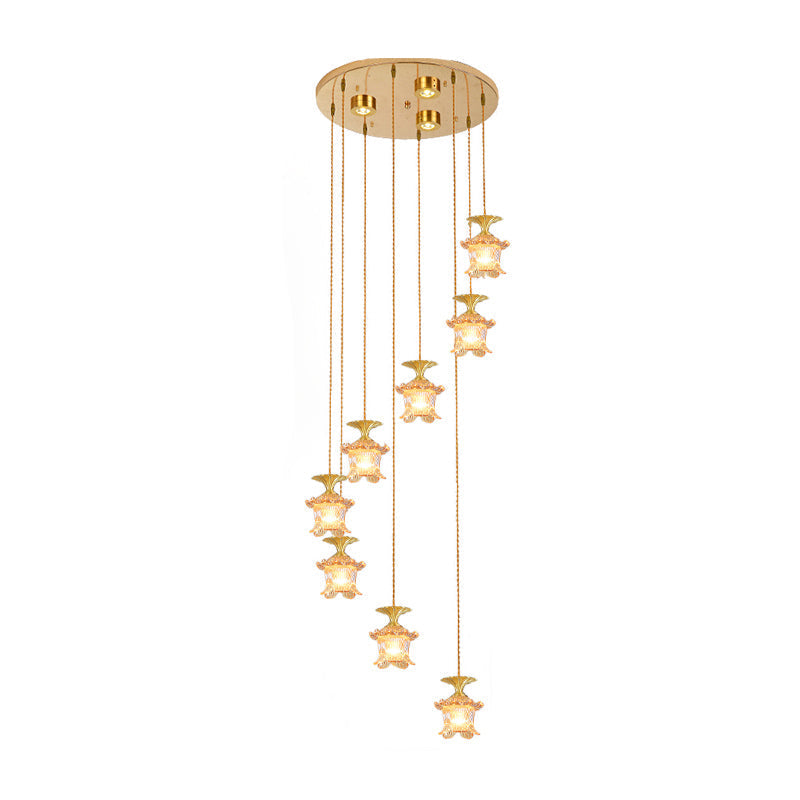 Modernist 8-Head Pendant Lamp: Tan Prismatic Glass Chandelier In Brass / Cylinder