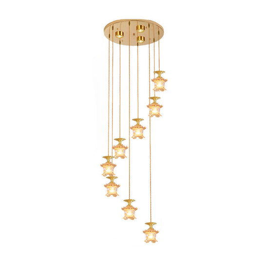 Modernist 8-Head Pendant Lamp: Tan Prismatic Glass Chandelier In Brass / Cylinder