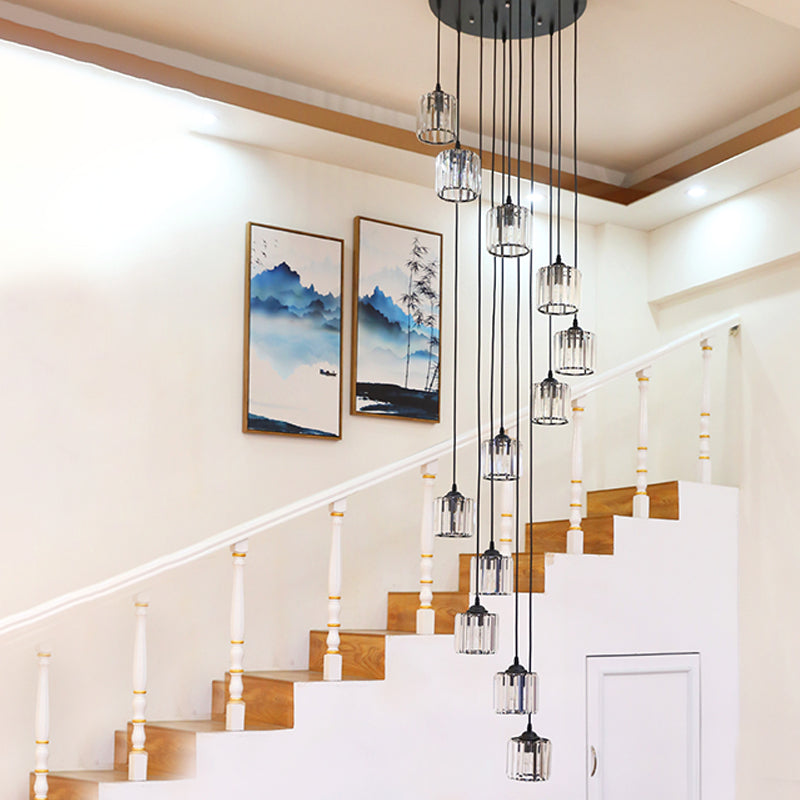 Contemporary Black Cylinder Crystal Pendant With 12 Lights - Perfect For Living Room Lighting