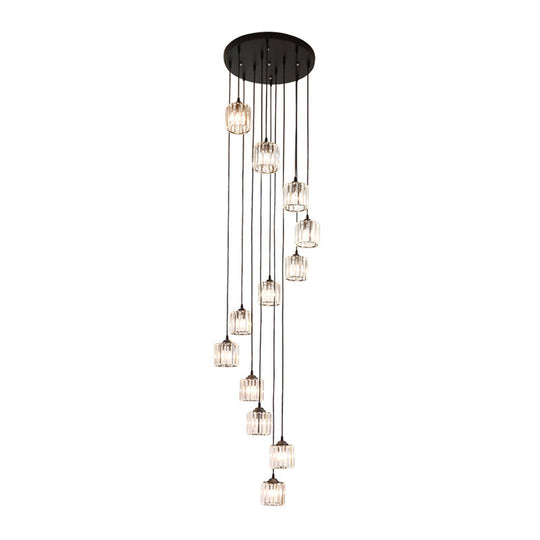 Contemporary Black Cylinder Crystal Pendant With 12 Lights - Perfect For Living Room Lighting