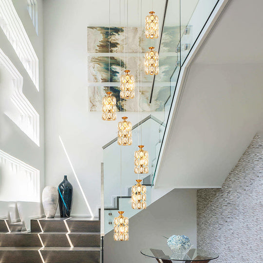 Modern 8-Light Cylinder Crystal Ceiling Fixture in Brass