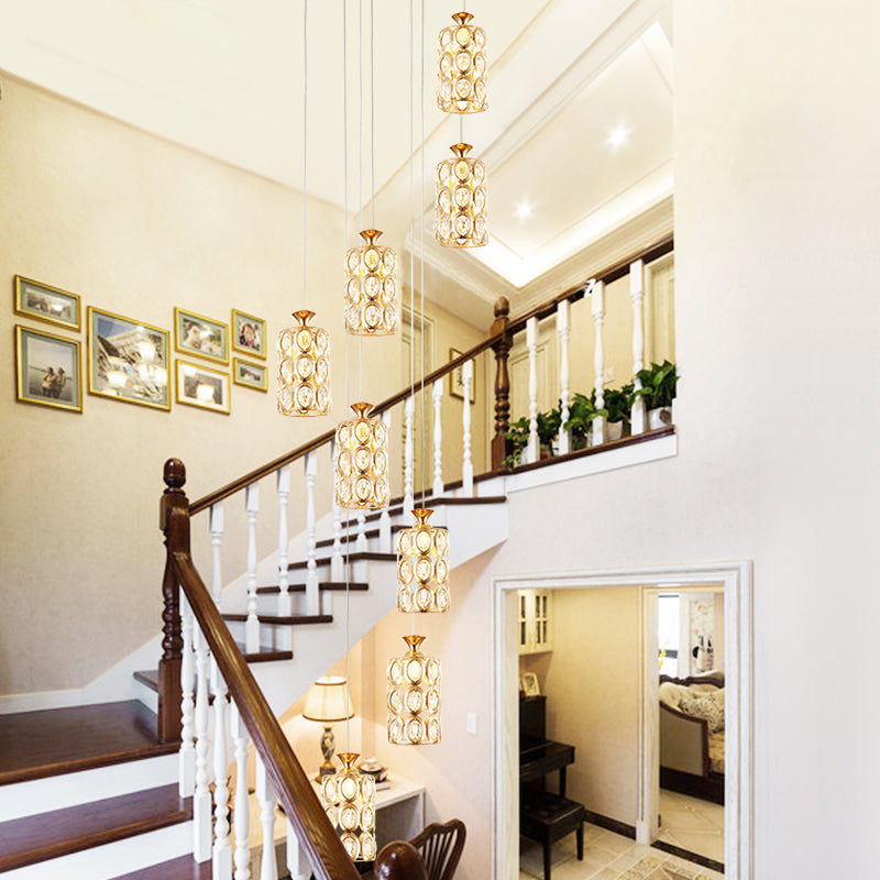 Modern 8-Light Cylinder Crystal Ceiling Fixture in Brass