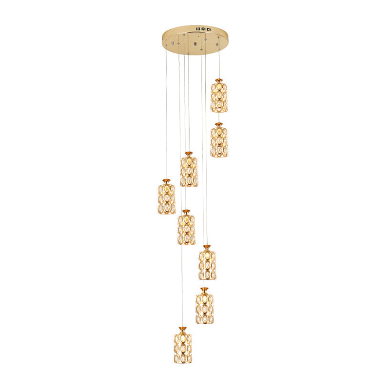Modern 8-Light Cylinder Crystal Ceiling Fixture in Brass