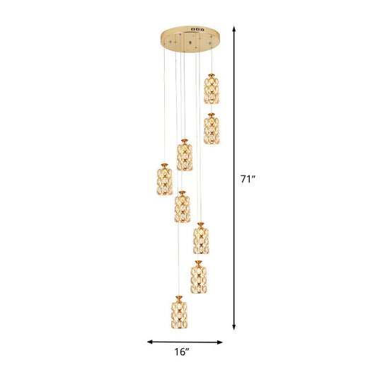 Modern 8-Light Cylinder Crystal Ceiling Fixture in Brass