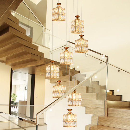 Contemporary Crystal Gold Cube Chandelier - 8-Bulb Suspension Lamp for Stairs
