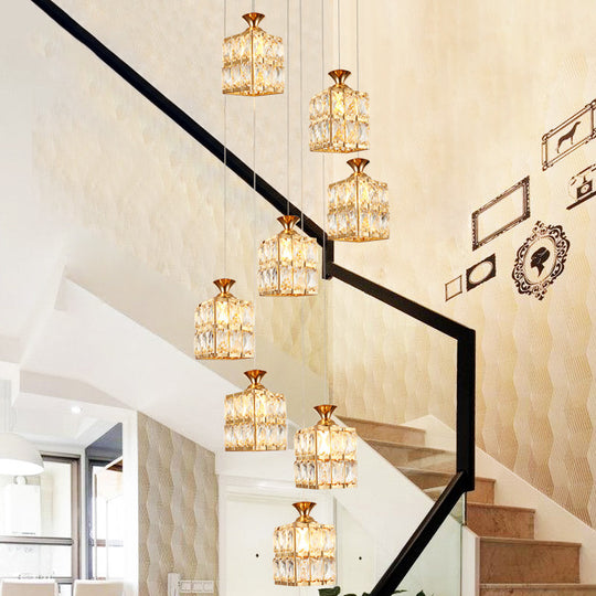 Contemporary Crystal Gold Cube Suspension Lamp - 8-Bulb Stair Pendant Chandelier