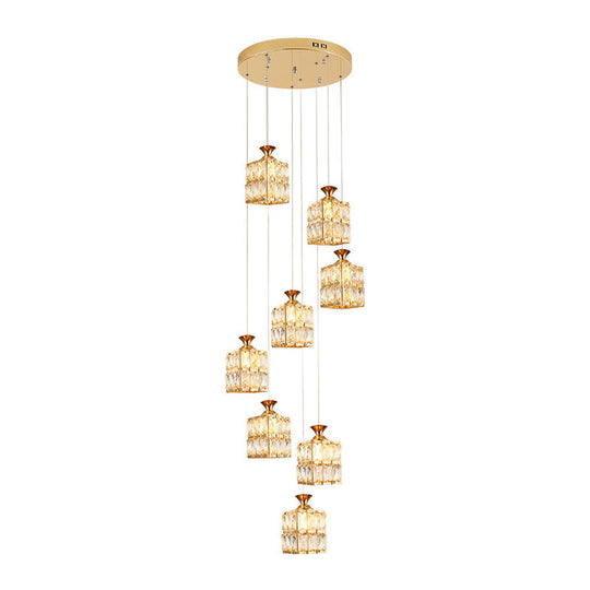 Contemporary Crystal Gold Cube Suspension Lamp - 8-Bulb Stair Pendant Chandelier