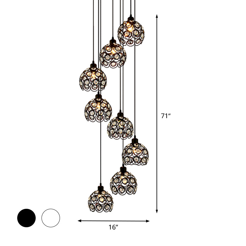 Lustre moderne en forme de dôme en cristal – Plafonnier blanc/noir à 8 ampoules pour salon