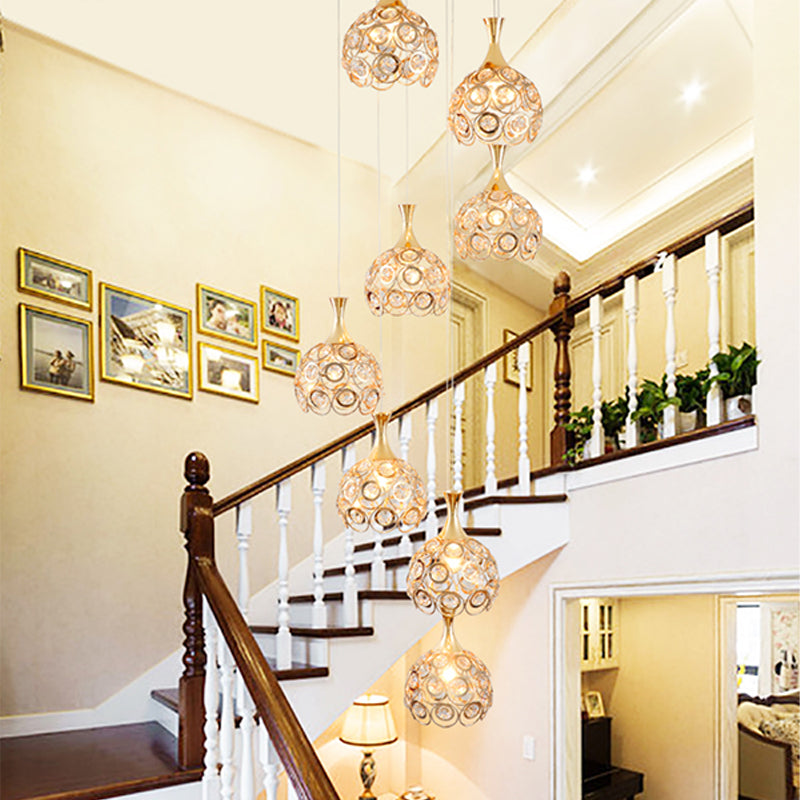 Minimalist Crystal 8-Light Dome Pendant Lamp in Gold Suspension Fixture