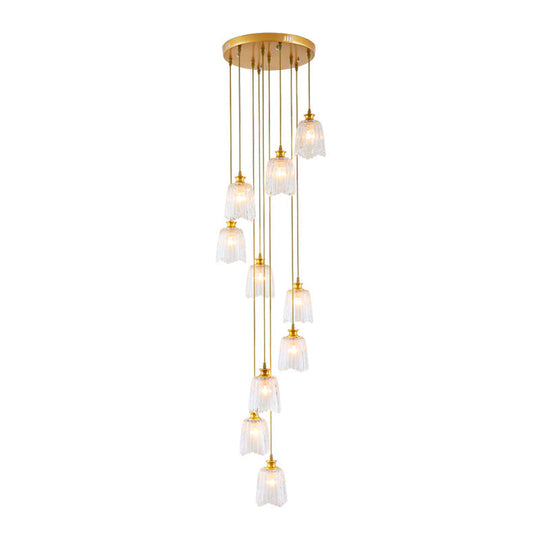 Modern Gold Crystal Pendant Ceiling Lamp - Spiral 10-Light Multiple Hanging Design