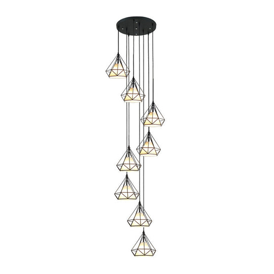 Modern Black Diamond Cage Ceiling Light 8-Bulb Iron Pendant Chandelier For Living Room