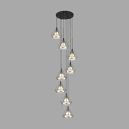 Modern Black Diamond Cage Ceiling Light 8-Bulb Iron Pendant Chandelier For Living Room