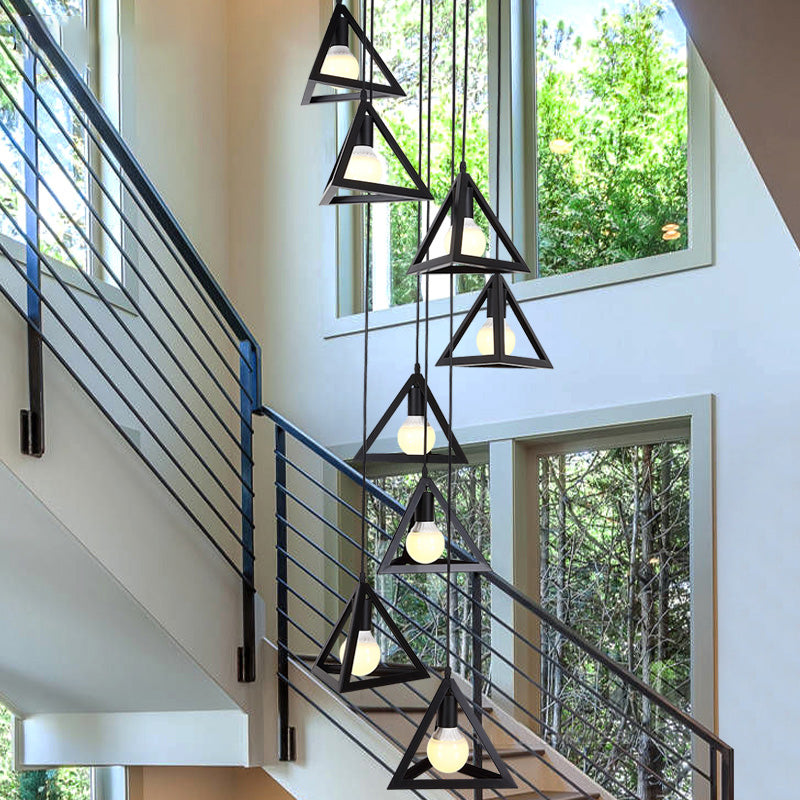 Modern Triangle Frame Suspension Lamp - 8 Lights Metal Black