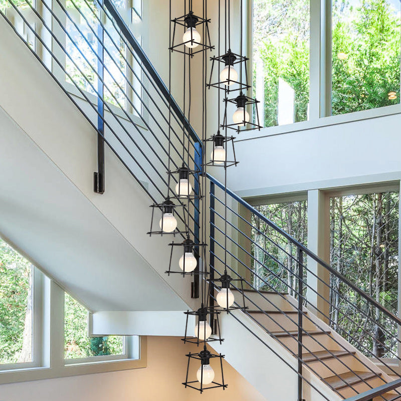 Minimalist Metallic Cube Cage Stair Pendant Light Chandelier - 10 Bulbs, Black Finish