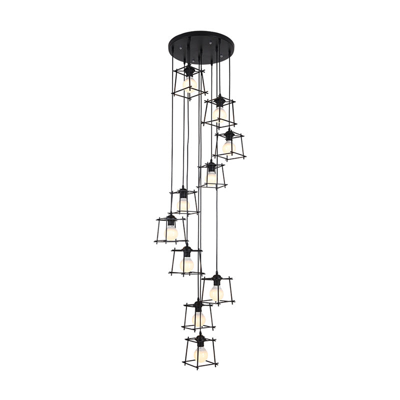 Minimalist Metallic Cube Cage Stair Pendant Light Chandelier - 10 Bulbs, Black Finish