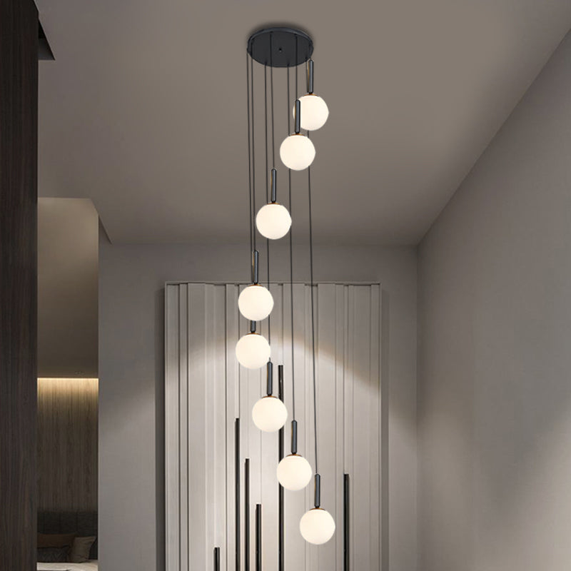 Spiral Multi Light Pendant With Lattice Glass - White/Clear Modern Design 8/9 Heads Black Hanging