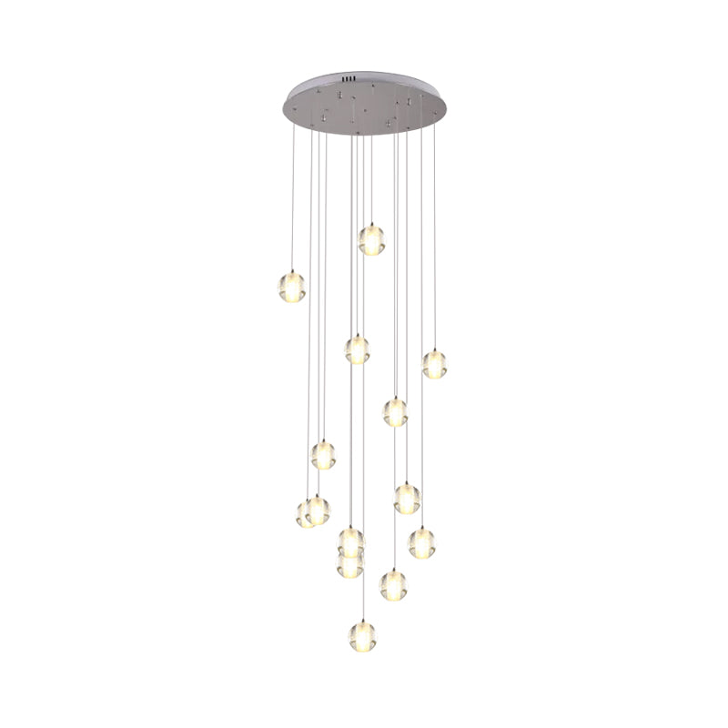 Modern White Crystal Cluster Pendant Light: 14-Bulb Meteor Shower Stair Hanging Lamp