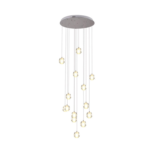 Modern White Crystal Cluster Pendant Light: 14-Bulb Meteor Shower Stair Hanging Lamp