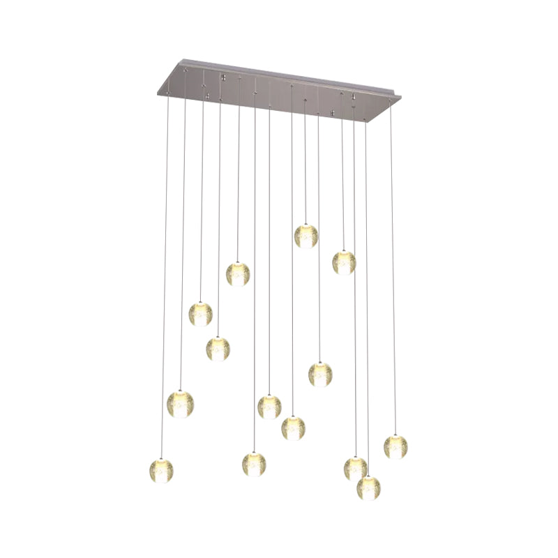 Modern White Crystal Cluster Pendant Light: 14-Bulb Meteor Shower Stair Hanging Lamp / Linear
