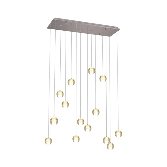Modern White Crystal Cluster Pendant Light: 14-Bulb Meteor Shower Stair Hanging Lamp / Linear