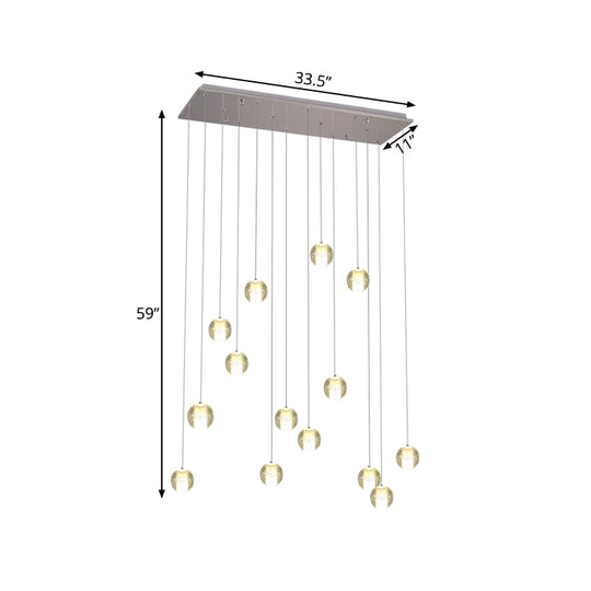 Modern White Crystal Cluster Pendant Light: 14-Bulb Meteor Shower Stair Hanging Lamp