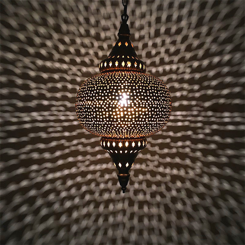 Metal Brass Hanging Lamp Arab Pendant Ceiling Light - Oval/Spot/Double Ring Pattern 1-Head