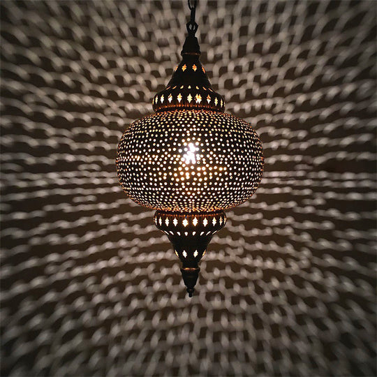 Metal Brass Hanging Lamp Arab Pendant Ceiling Light - Oval/Spot/Double Ring Pattern 1-Head
