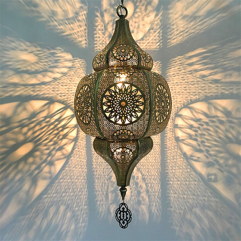 Brass Antiqued Gourd Pendant Lamp - Elegant 1-Head Suspension Light For Restaurants