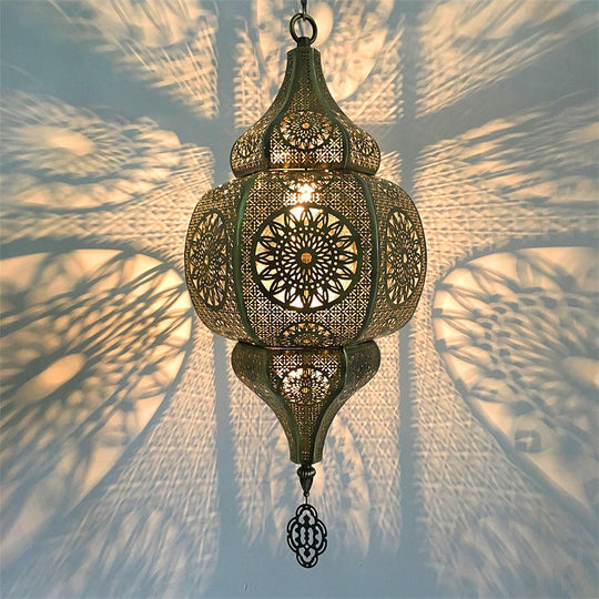 Brass Antiqued Gourd Pendant Lamp - Elegant 1-Head Suspension Light For Restaurants
