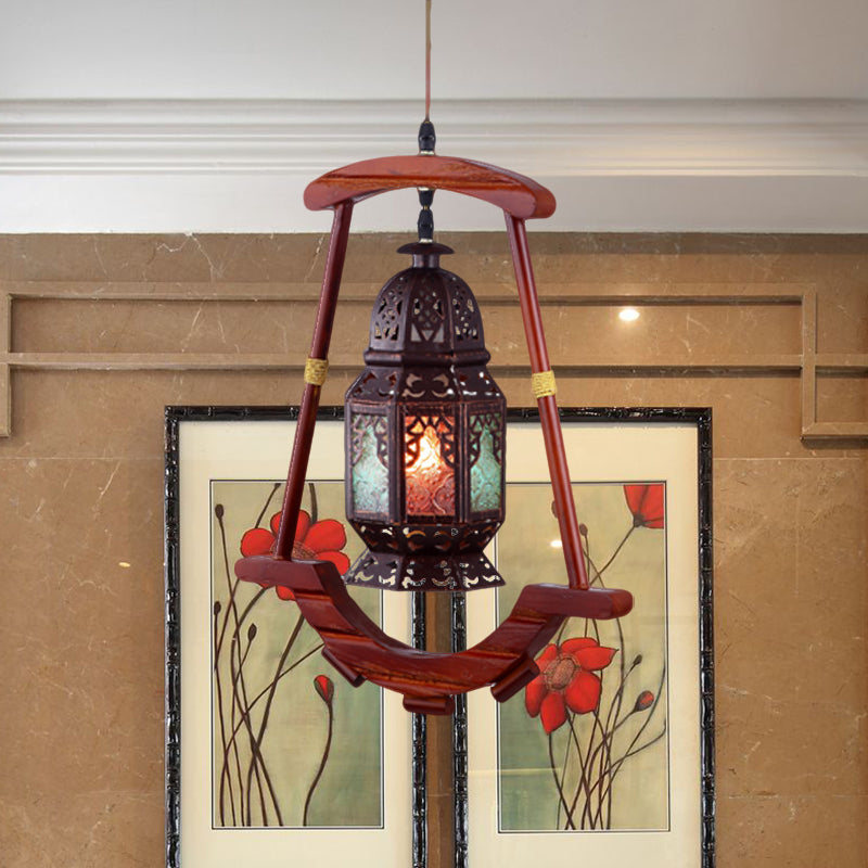 Rustic Metal Lantern Ceiling Light: Bedroom Décor With 1 Light Copper Suspension Lamp & Wood Frame