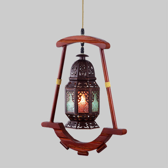 Rustic Metal Lantern Ceiling Light: Bedroom Décor With 1 Light Copper Suspension Lamp & Wood Frame