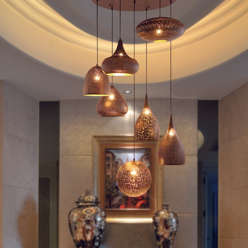 Hollow-Out Cluster Pendant Ceiling Lamp With Art Deco Black/Silver/Brass Finish