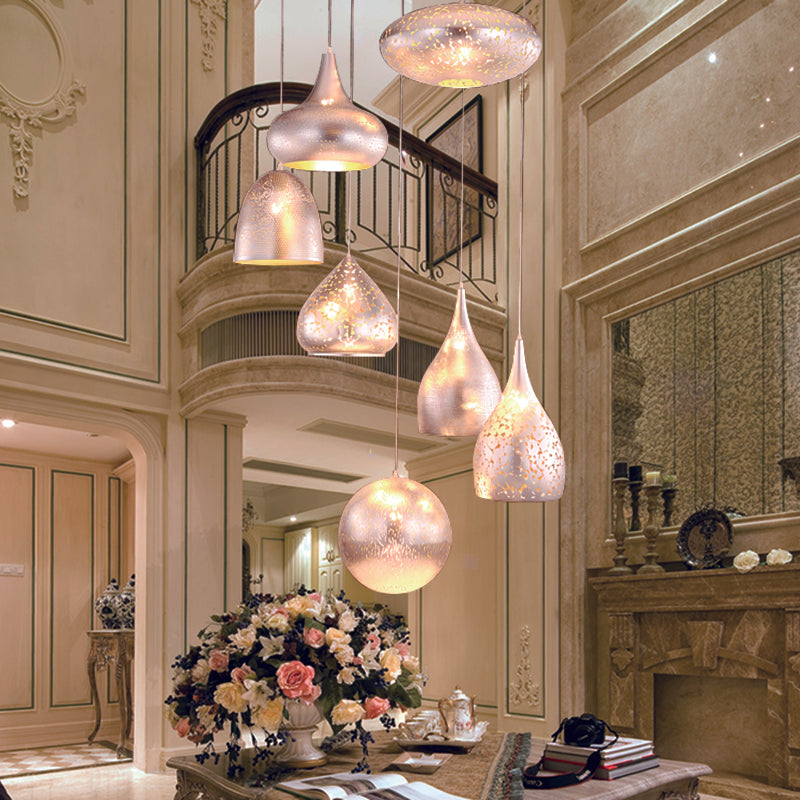 Hollow-Out Cluster Pendant Ceiling Lamp With Art Deco Black/Silver/Brass Finish Silver