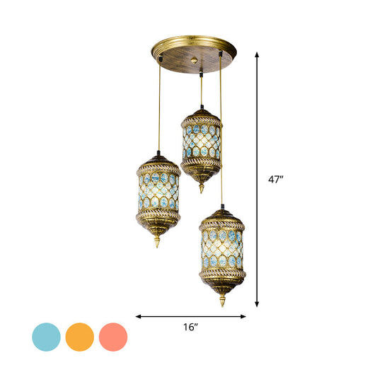 Art Deco 3-Head Metal Pendant Light With Multi-Colored Cylindrical Shades For Dining Room Ceiling