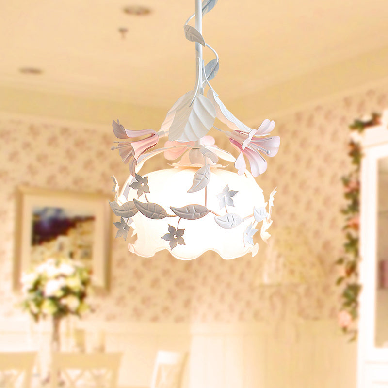 Pastoral Metal Scalloped Bedroom Ceiling Light - White Flower Suspension With 1 Bulb