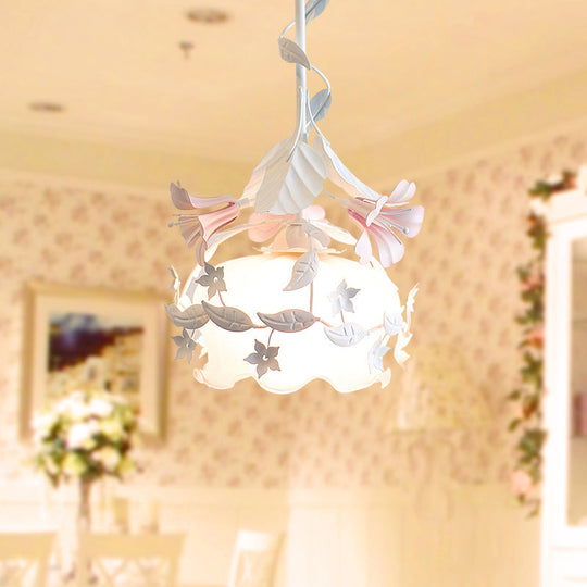 Pastoral Metal Scalloped Bedroom Ceiling Light - White Flower Suspension With 1 Bulb
