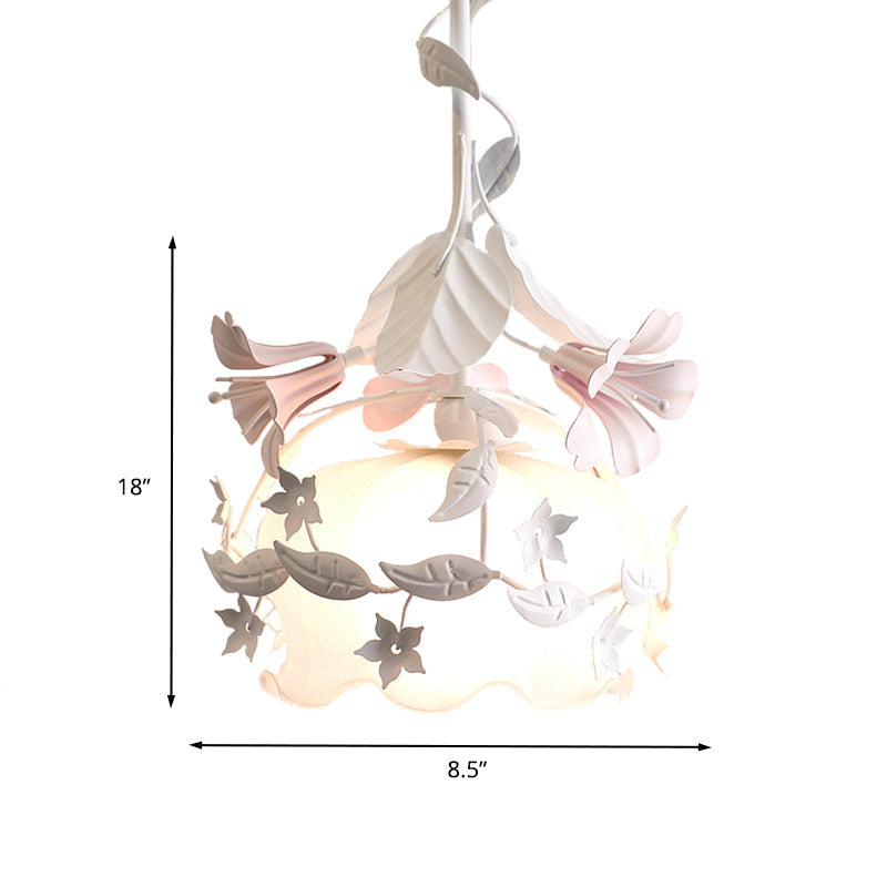 Pastoral Metal Scalloped Bedroom Ceiling Light - White Flower Suspension With 1 Bulb