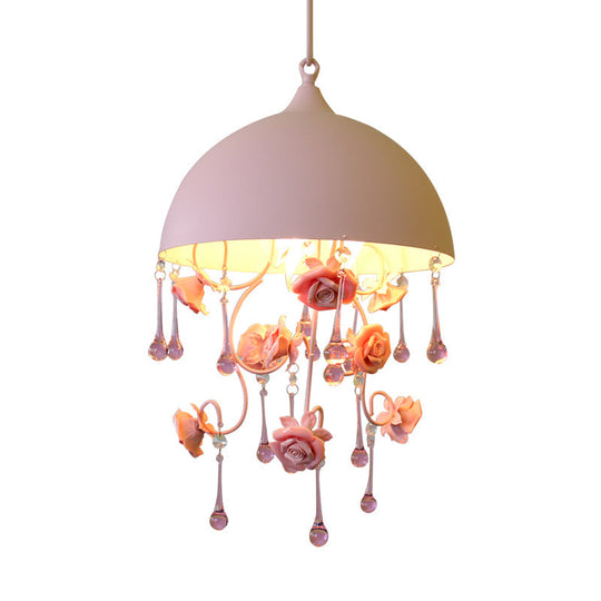 Pink Metal Rose Pendant Lamp - Pastoral 1 Light Domed Hanging Fixture For Living Room