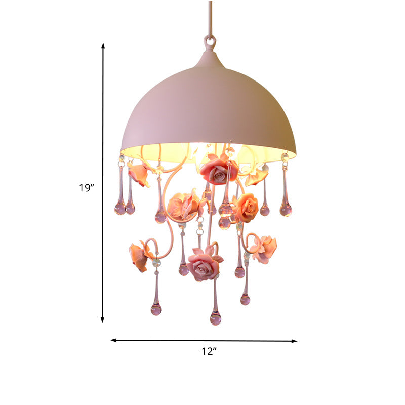 Pink Metal Rose Pendant Lamp - Pastoral 1 Light Domed Hanging Fixture For Living Room