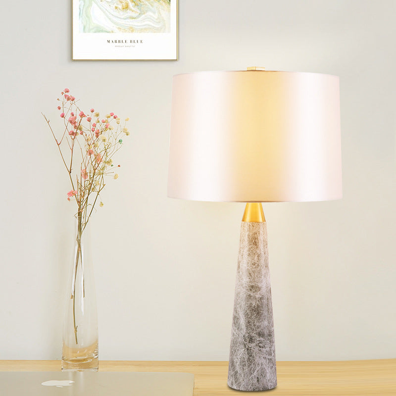 Modernist Study Lamp With Drum Shade - White Task Lighting On Marble Base