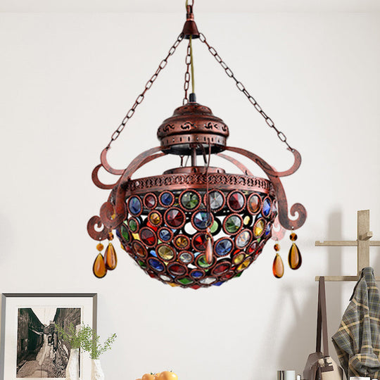 Copper Metal Bowl Drop Pendant: Antique 1-Light Hanging Fixture For Living Room