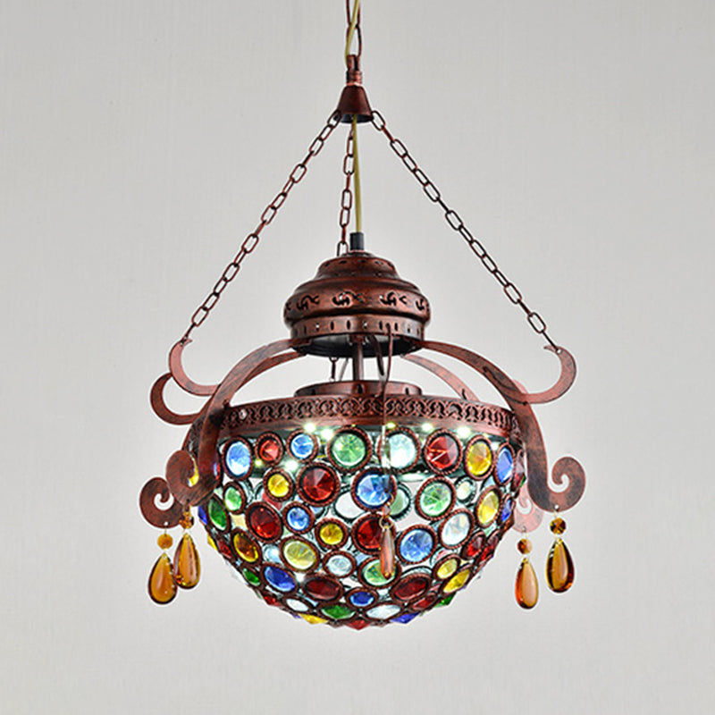 Copper Metal Bowl Drop Pendant: Antique 1-Light Hanging Fixture For Living Room
