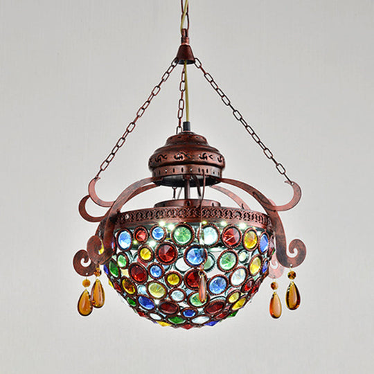 Copper Metal Bowl Drop Pendant: Antique 1-Light Hanging Fixture For Living Room