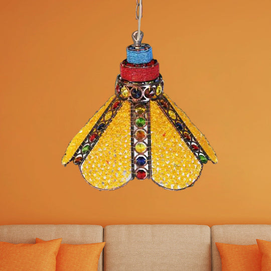 Scalloped Metal Down Lighting Restaurant Decor Yellow Ceiling Lamp - 1 Bulb Suspension