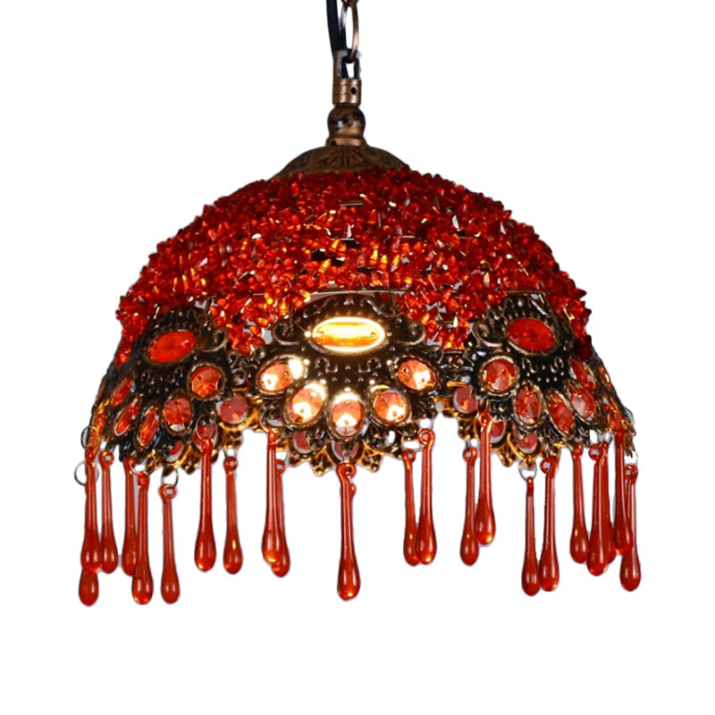 Traditional Red Dome Shaped Restaurant Hanging Light Fixture - 1-Light Metal Ceiling Lamp