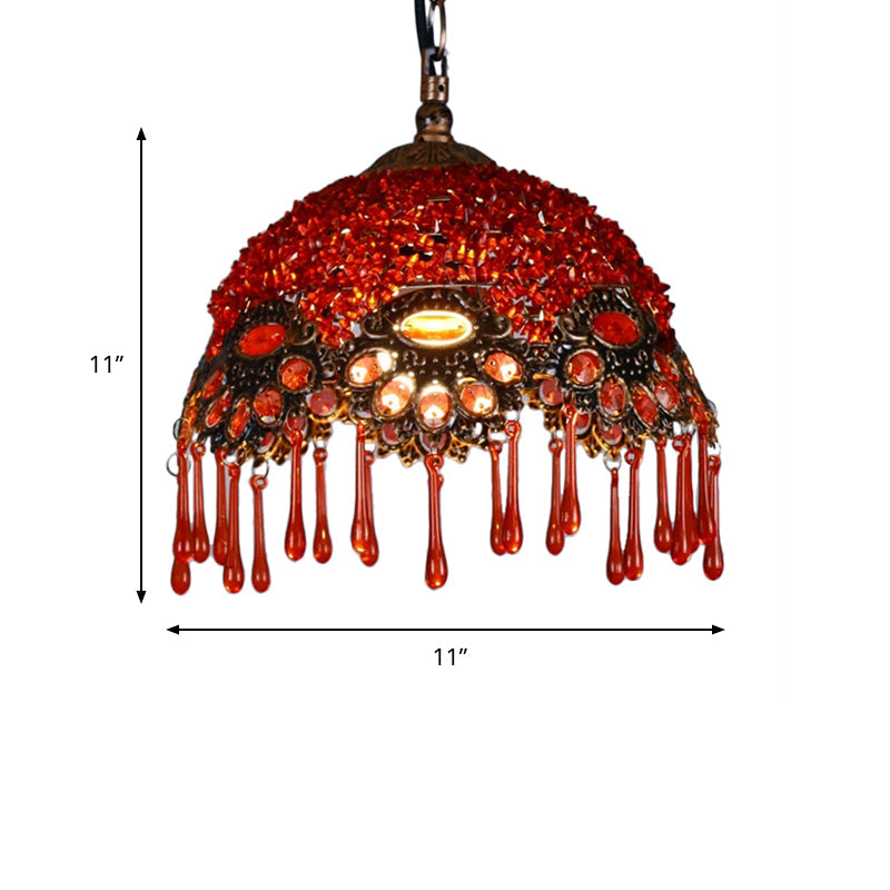 Traditional Red Dome Shaped Restaurant Hanging Light Fixture - 1-Light Metal Ceiling Lamp